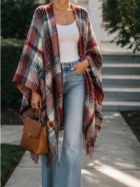 One Size Plaid Fringe Poncho Wrap Blanket Scarf Burgundy